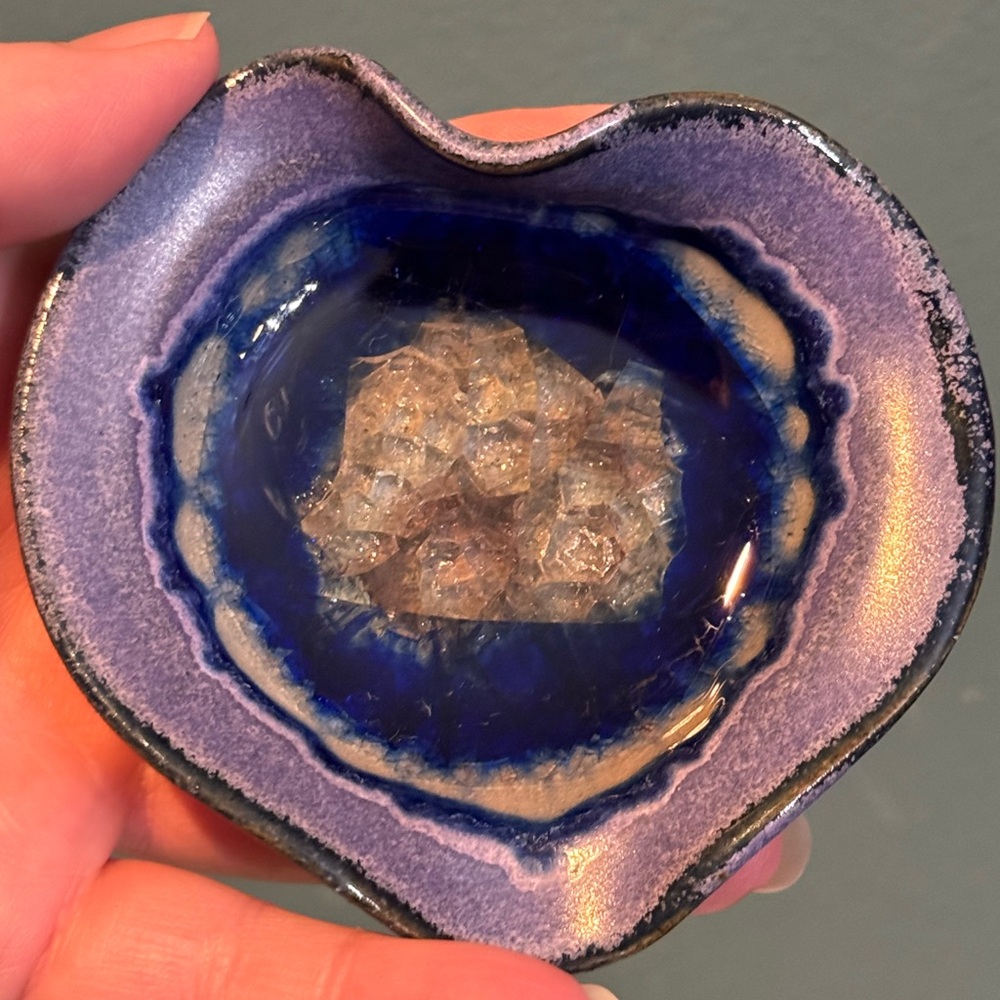 Art Pottery Glazed Heart Ring Trinket Dish W/ Crackle Glass Made In The USA